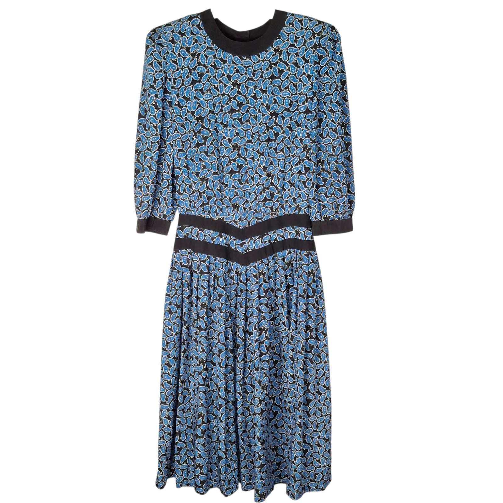 Vintage Maggy Boutique Womens Sz 10 Dress Blue Floral 80s Pleated Contrat Collar