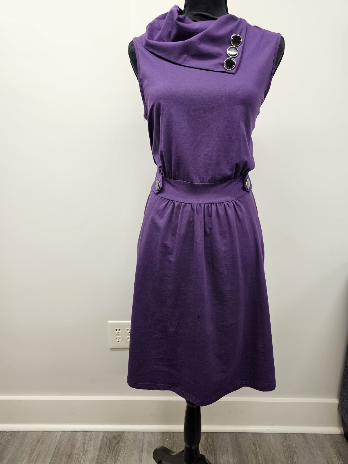 Womens L Huhot Purple with Black Buttons Dress Asymmetric Cowl Neck Pockets