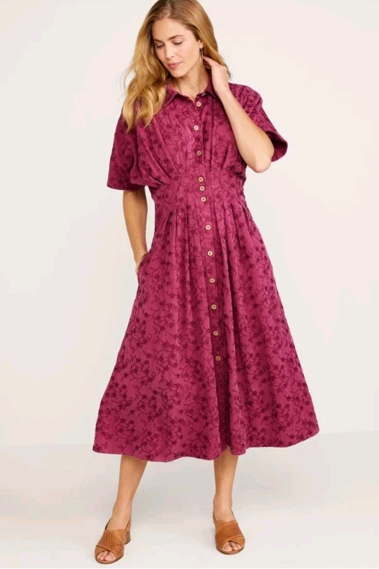 Soft Surroundings Embroidered SS Short Sleeve Tencel Midi Shirtdress Rich Berry