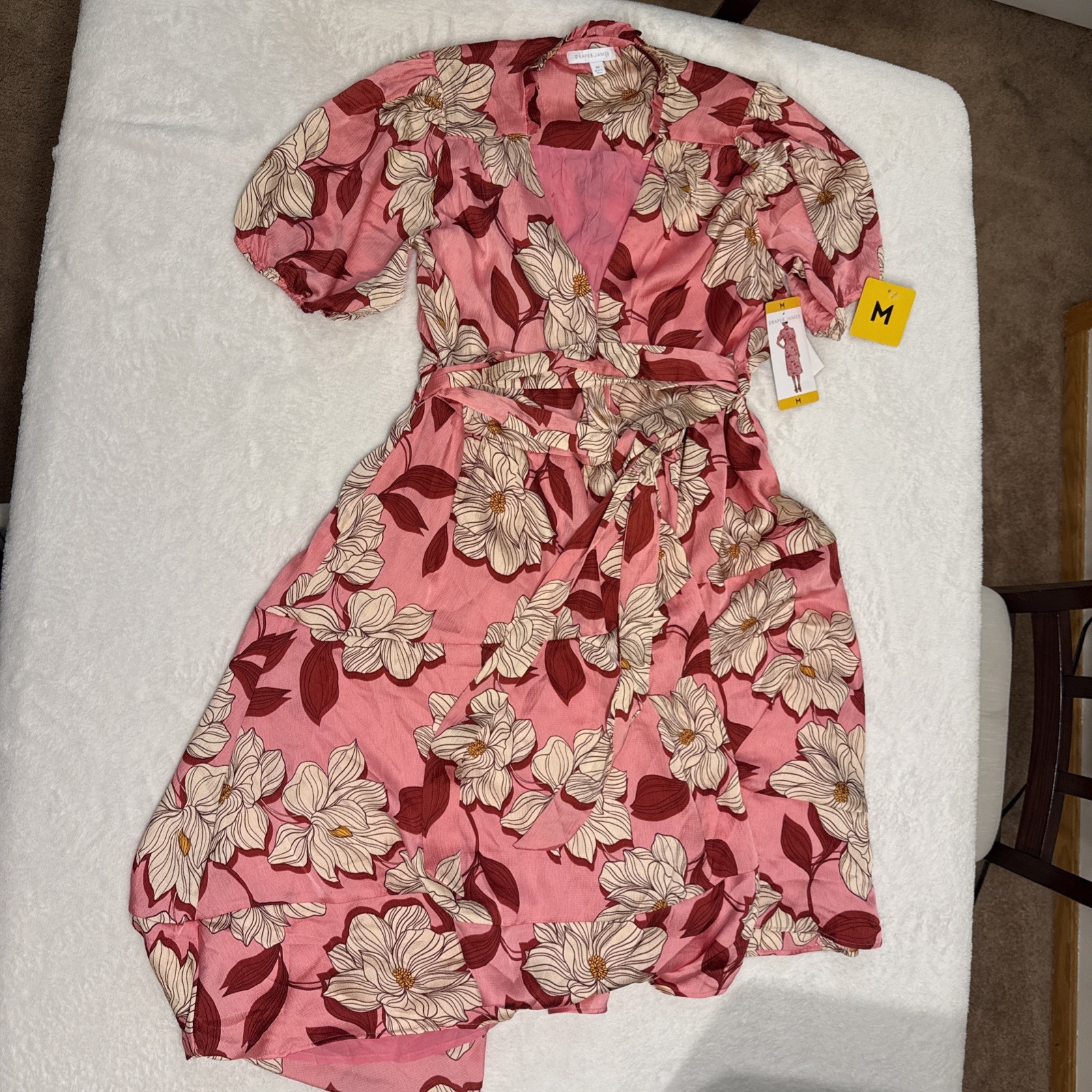 Draper James Pink Floral Wrap Dress Short Sleeve Ruffle Neck Midi M S7005BBS