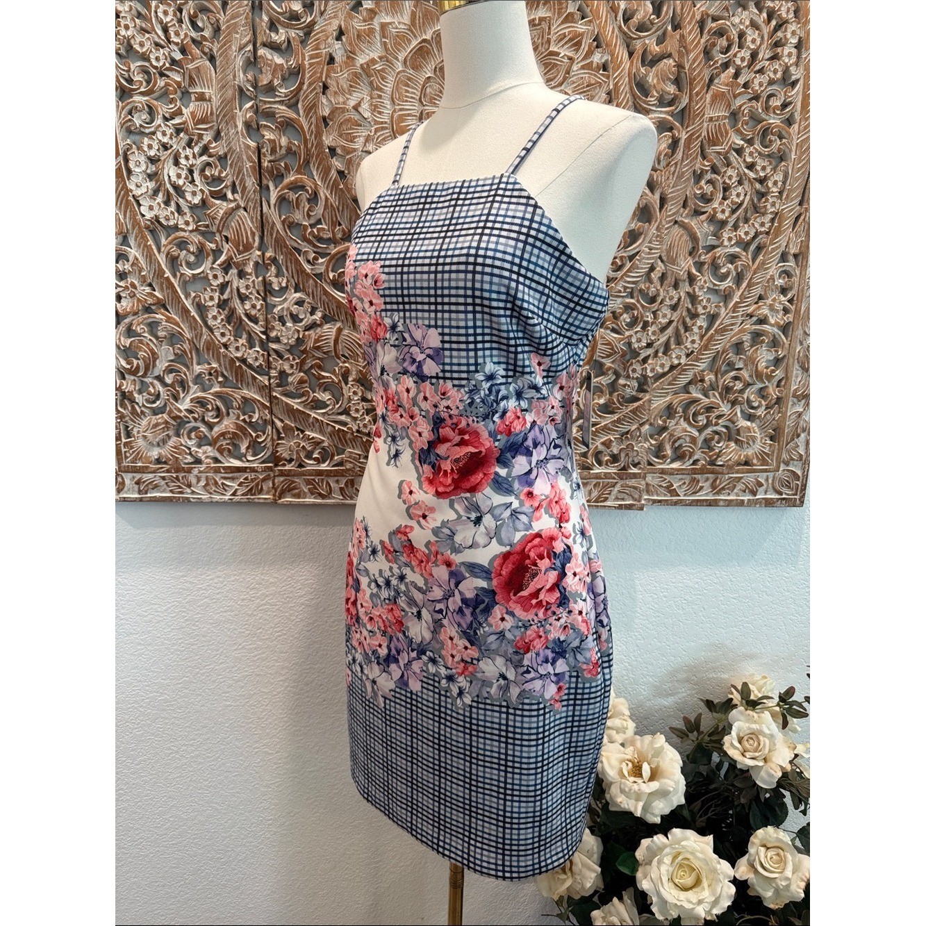 Guess Bodycon Mini Dress Floral & Gingham, Spaghetti Straps- size 10