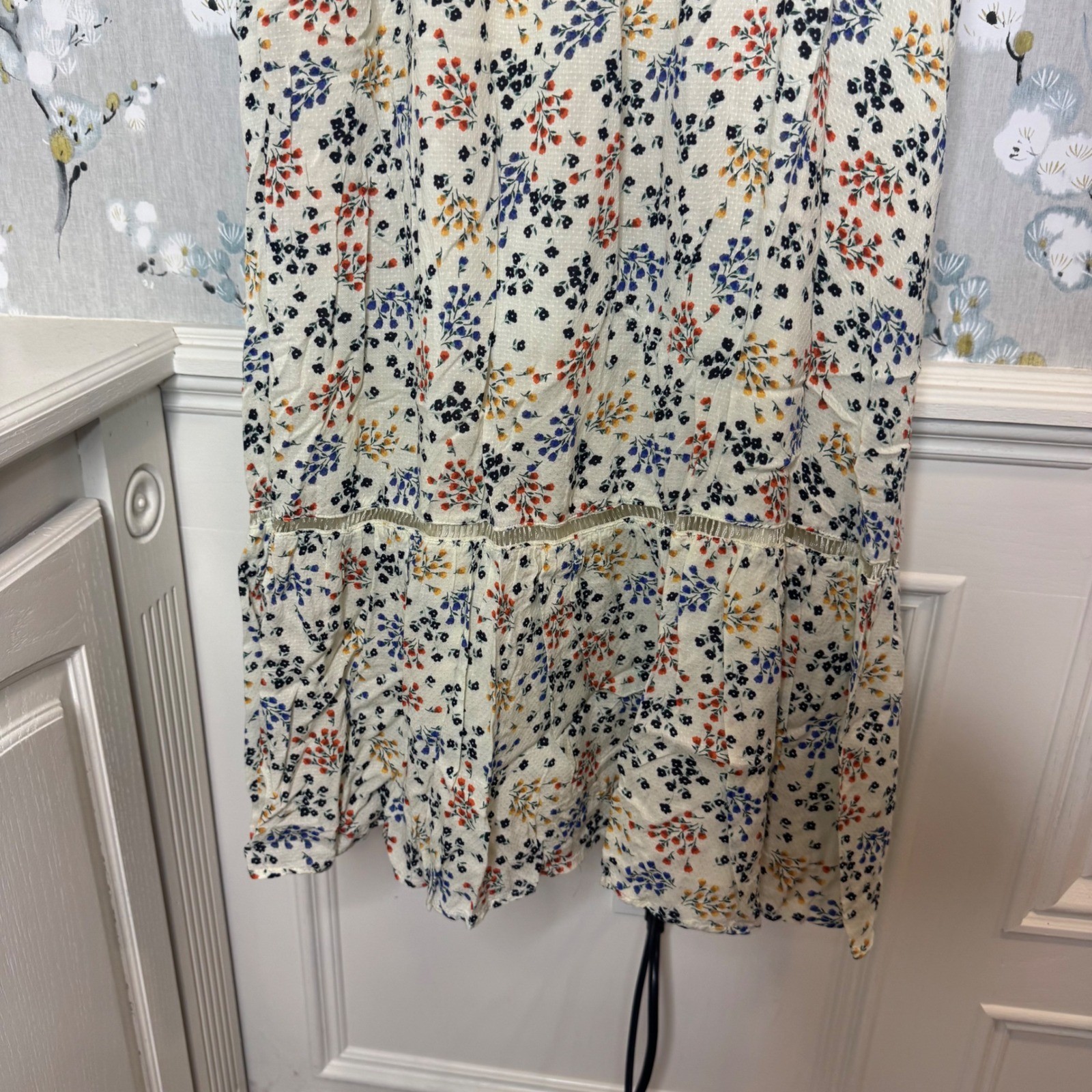 Lost + Wander Womens Floral Smocked Midi Dress Flutter Sleeve Cream Large