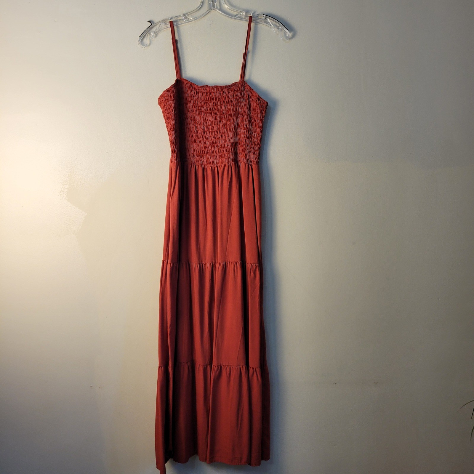 PrettyGarden Women Rust Orange Smocked Tiered Maxi Dress Small Boho Summer