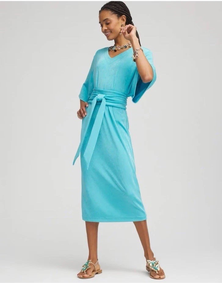 Chicos Travelers Solid Kimono Dress Blue Belted Midi Stretch Size M NWT