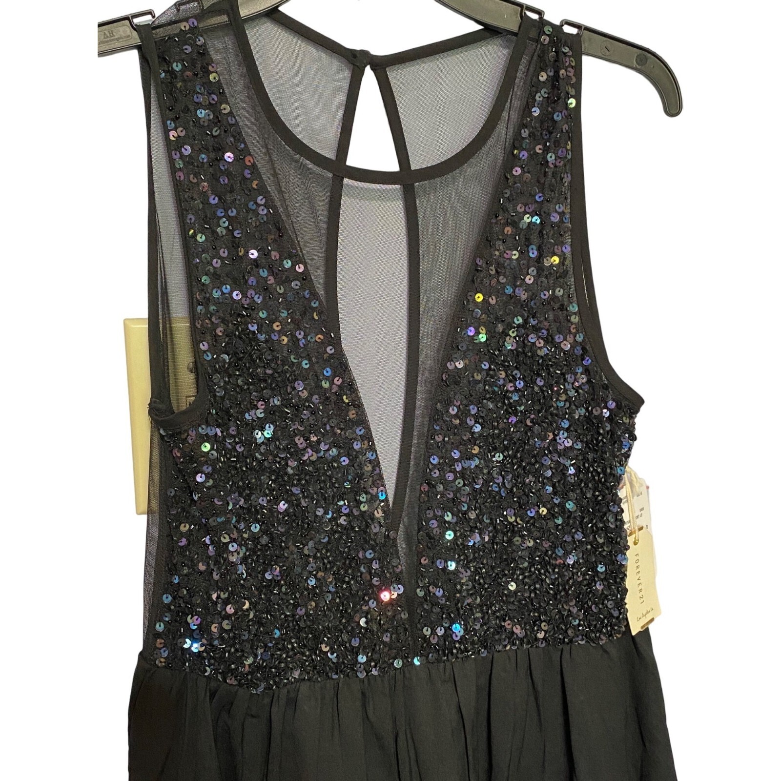 NWT Forever 21 Black Sequins Sheer Open Back Mini Cocktail Dress Size Medium