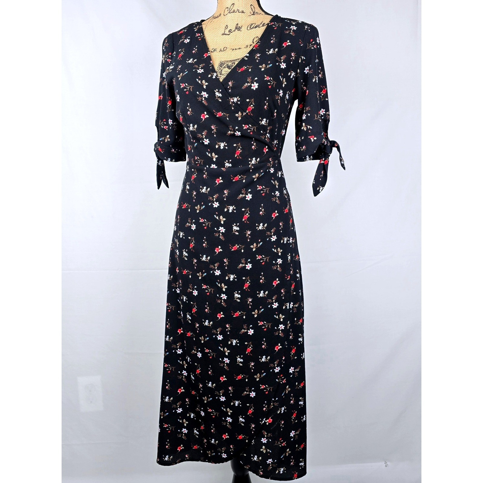 Ally Fashion Black Floral Wrap Midi Summer Dress Short Sleeve Tie Cuff US 4