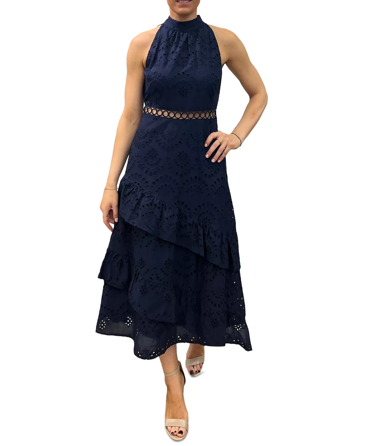 Sam Edelman Blue Eyelet High Neck Sleeveless Tiered Dress Womens 12 In Navy $158