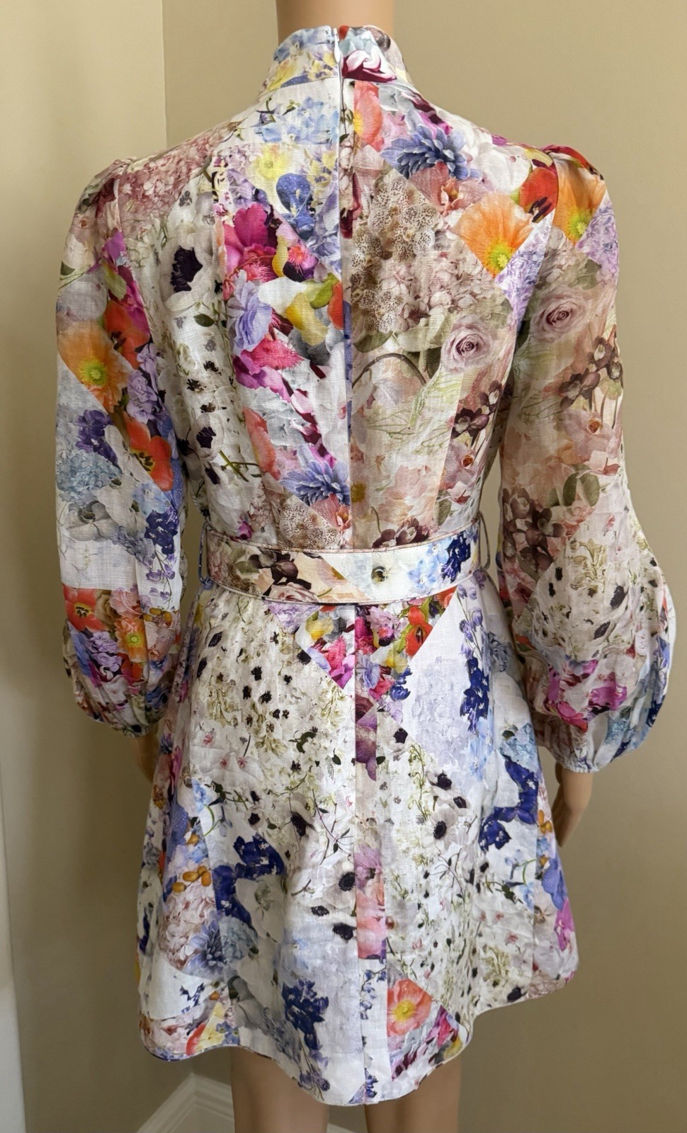 ZIMMERMANN Buttoned Floral Linen & Ramie Belted Mini Dress Size 1 AU, 4-6 US