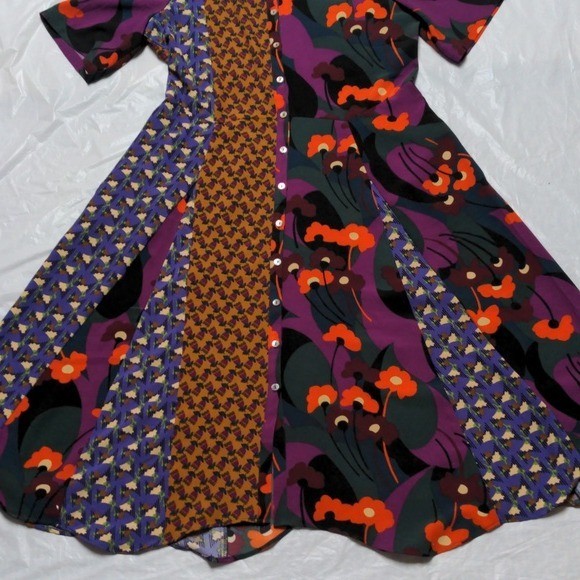 LOGO By Lori Goldstein Rich Plum Patchwork Button Front Crepe Midi Dress Size Md