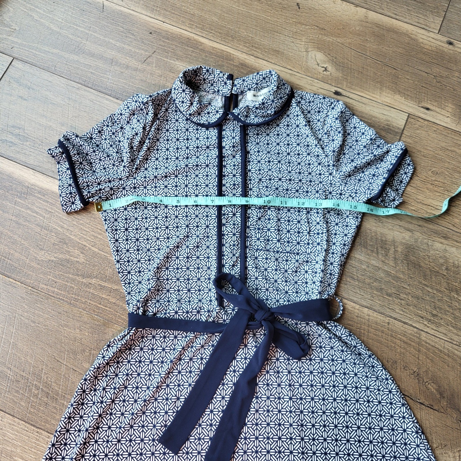 Monteau Los Angeles Navy White Geometric Peter Pan Collar Tie Waist Dress Small