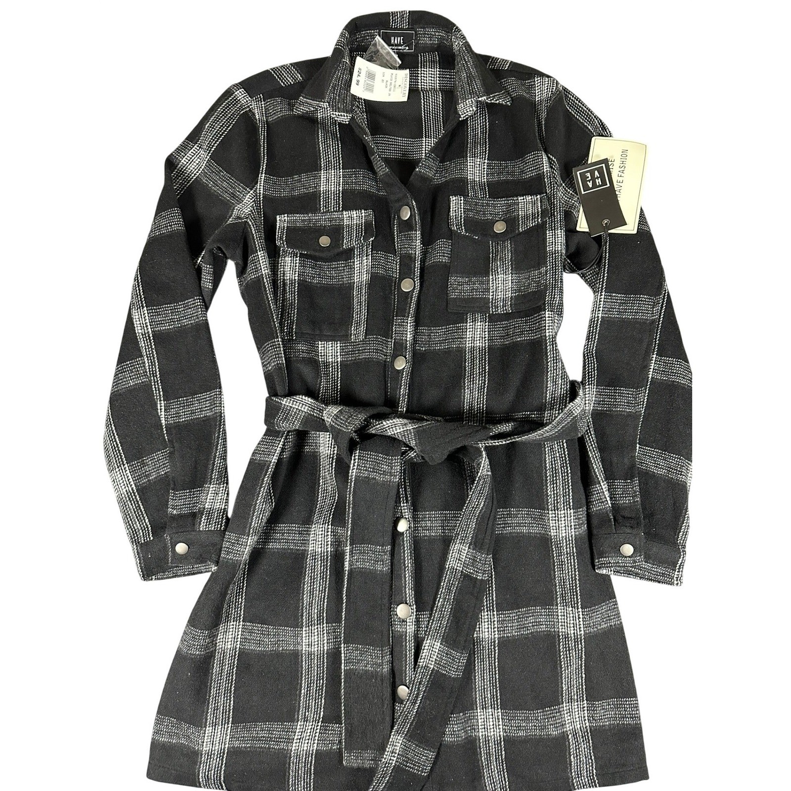 HAVE Los Angeles Womens Plaid Belted Shirt Dress Black White Shacket Medium NWT