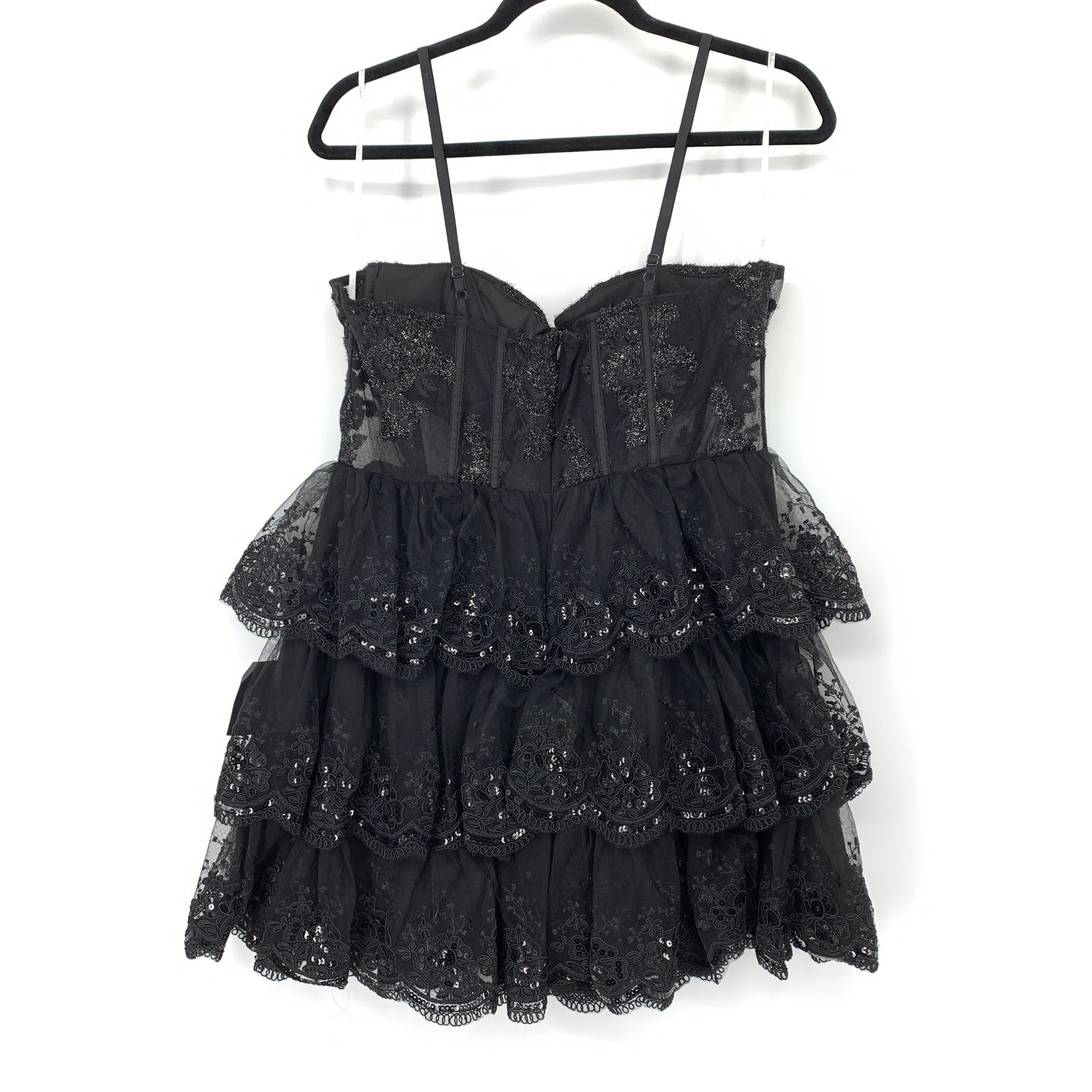 Lulus Exquisite Drama Black Embroidered Sequin Tiered Mini Dress Womens XL NEW