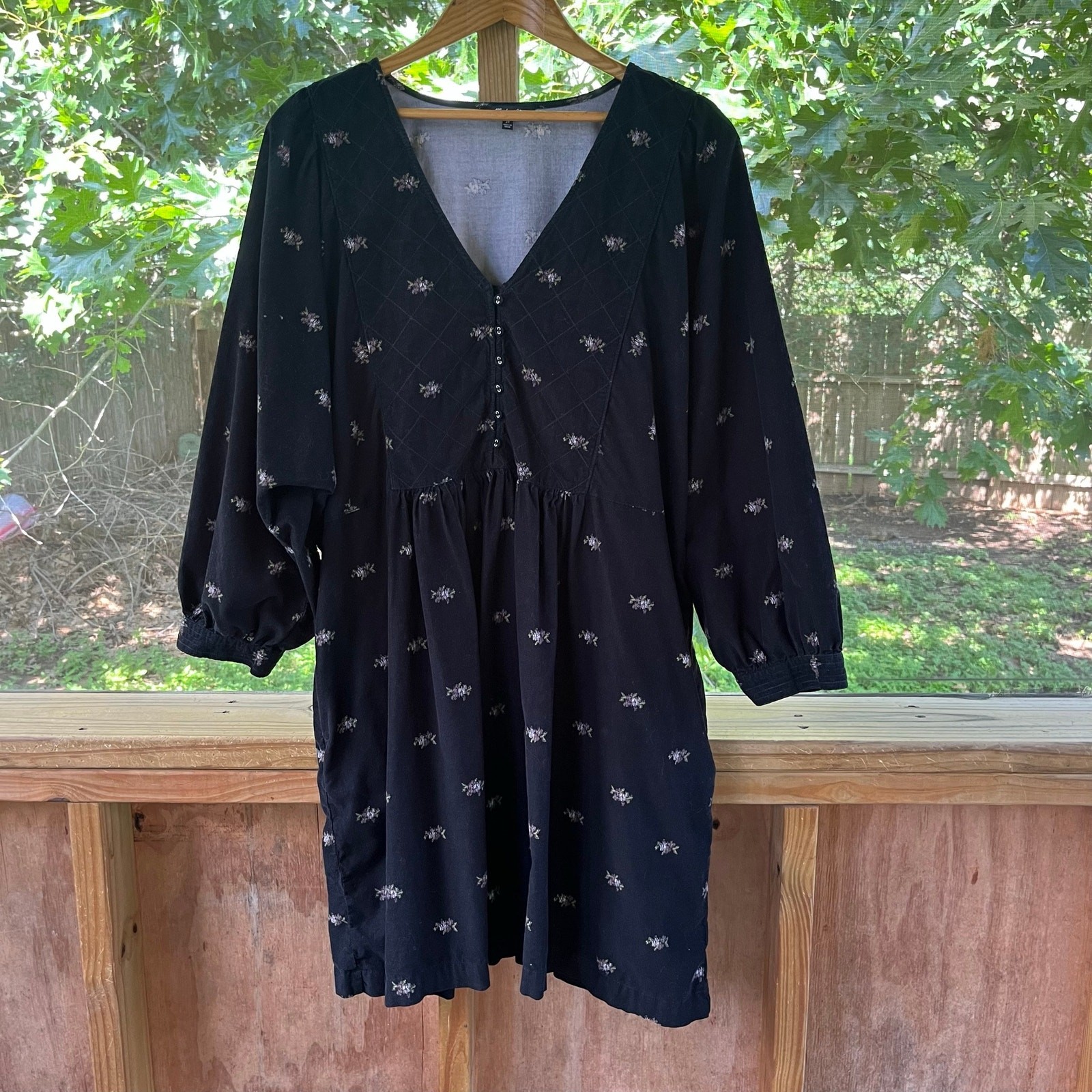 Madewell Women’s Black Corduroy Quilted Bib Mini Dress Blurred Ikat Size 2X