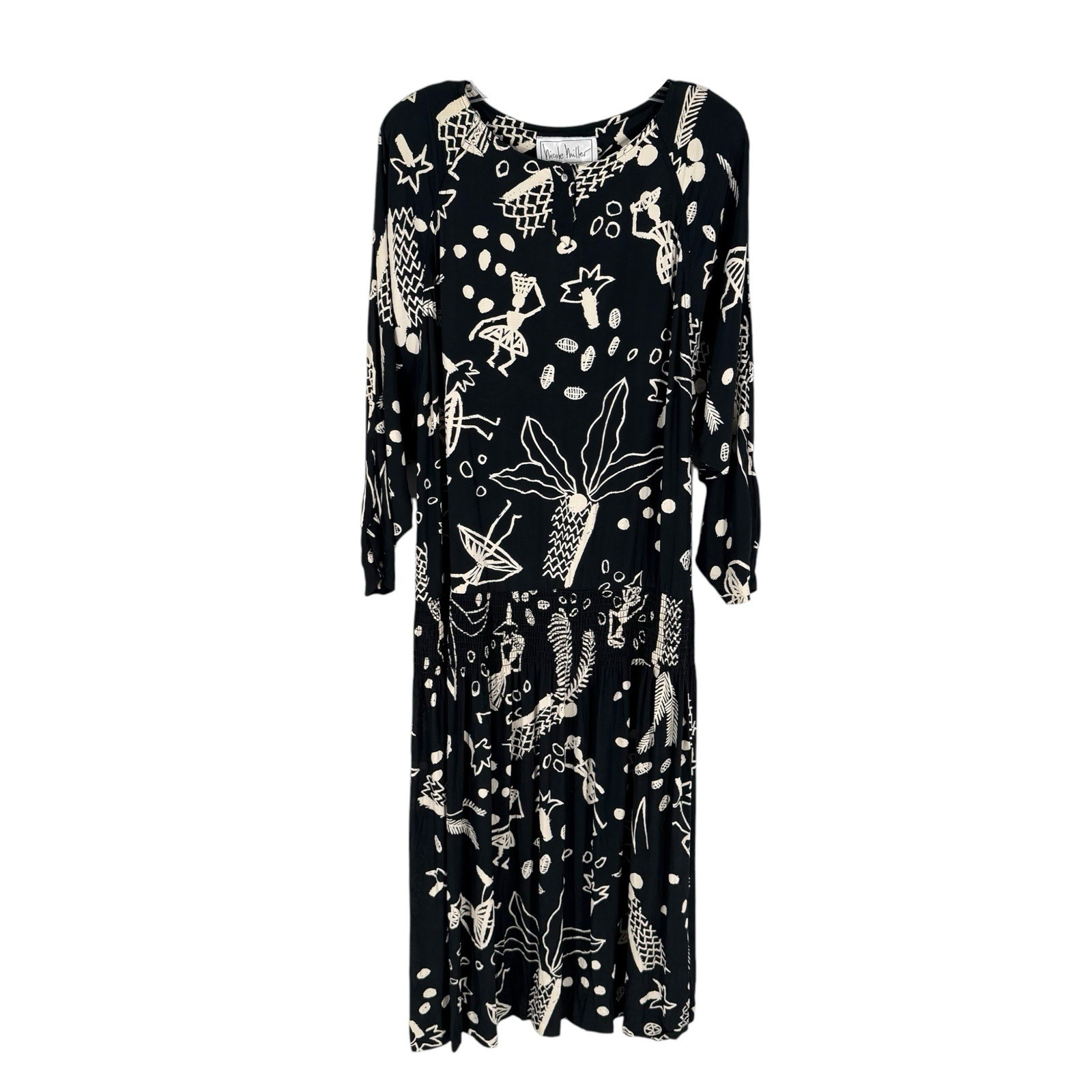 Vintage Nicole Miller Dress Womens Size 12 Black Ivory Folk Art Graphic Print
