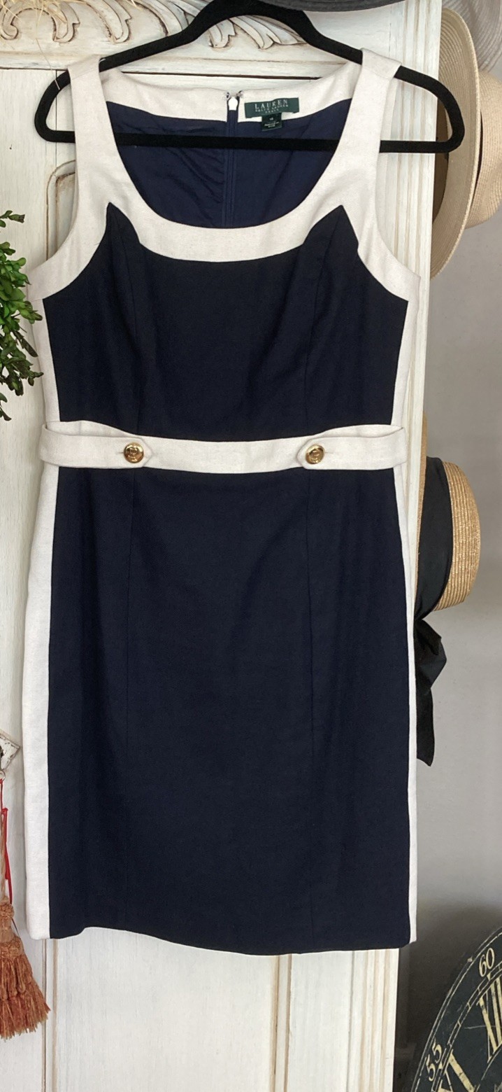 Ralph Lauren Navy & Cream Linen Blend Sheath Dress Gold Buttons Size 10