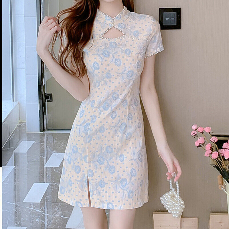 Lady Short Cheongsam Qipao Dress Floral Hollow Slit Chiffon Beaded Elegant Party