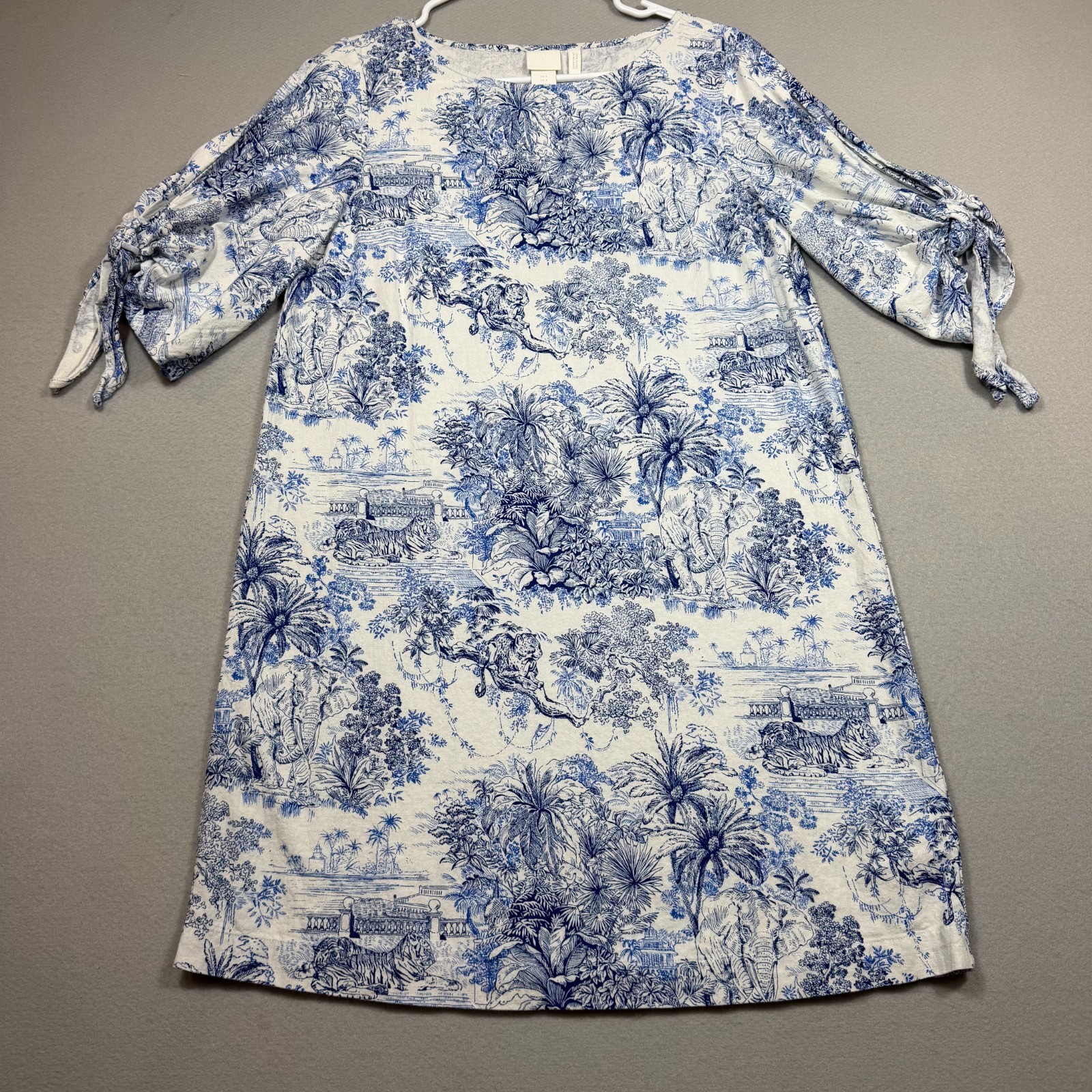 H&M Linen Blend BLUE/WHITE TOILE SHIFT DRESS Safari Jungle Animals Tie Sleeves 4