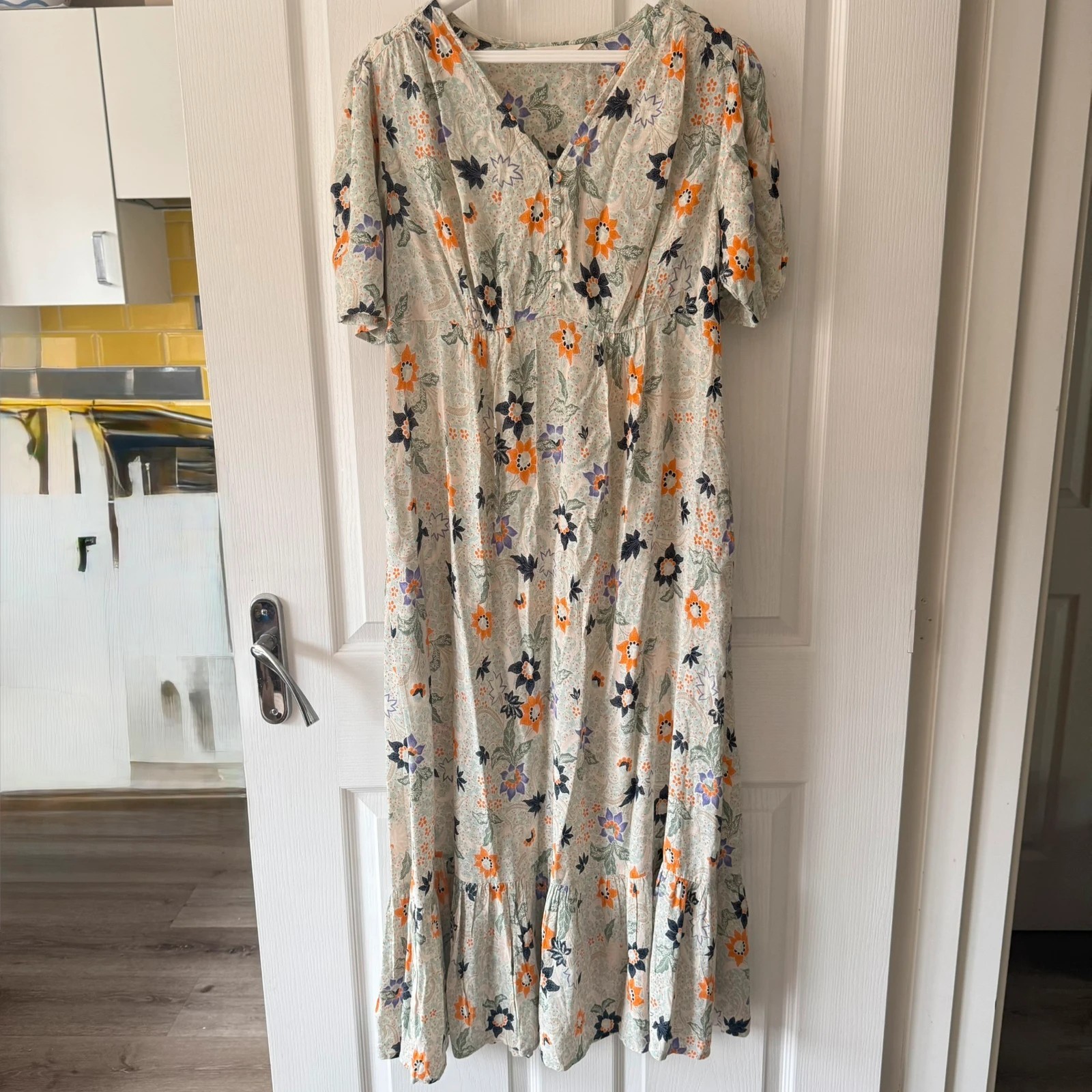 M&S Per Una Floral Midi Dress Tiered Cream Purple Orange Button Front Size 14