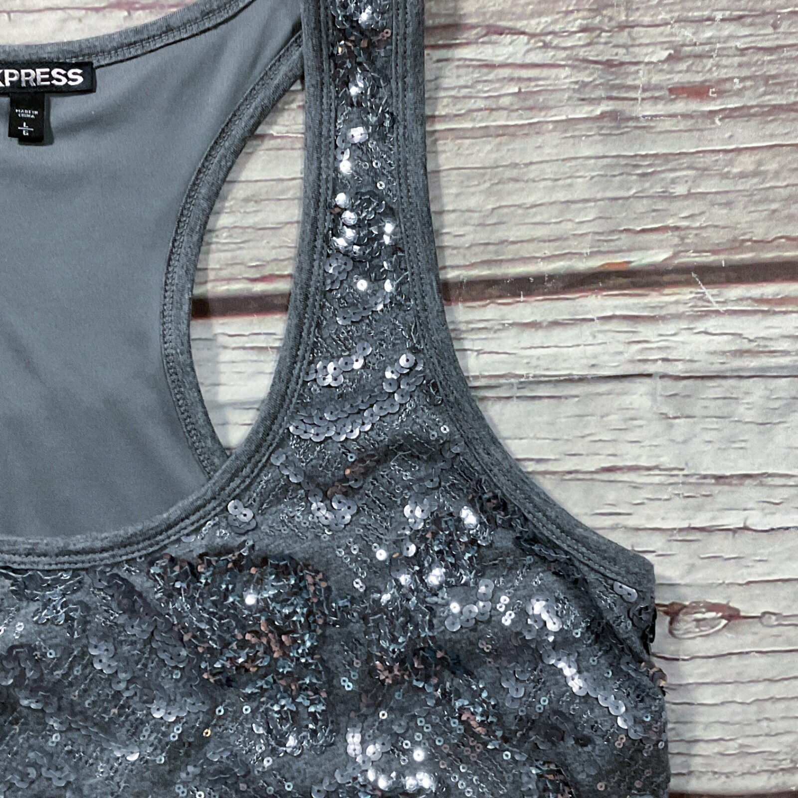 Express Womens Dress size Large Gray Sequin Racerback Pullover Fully Lined Short