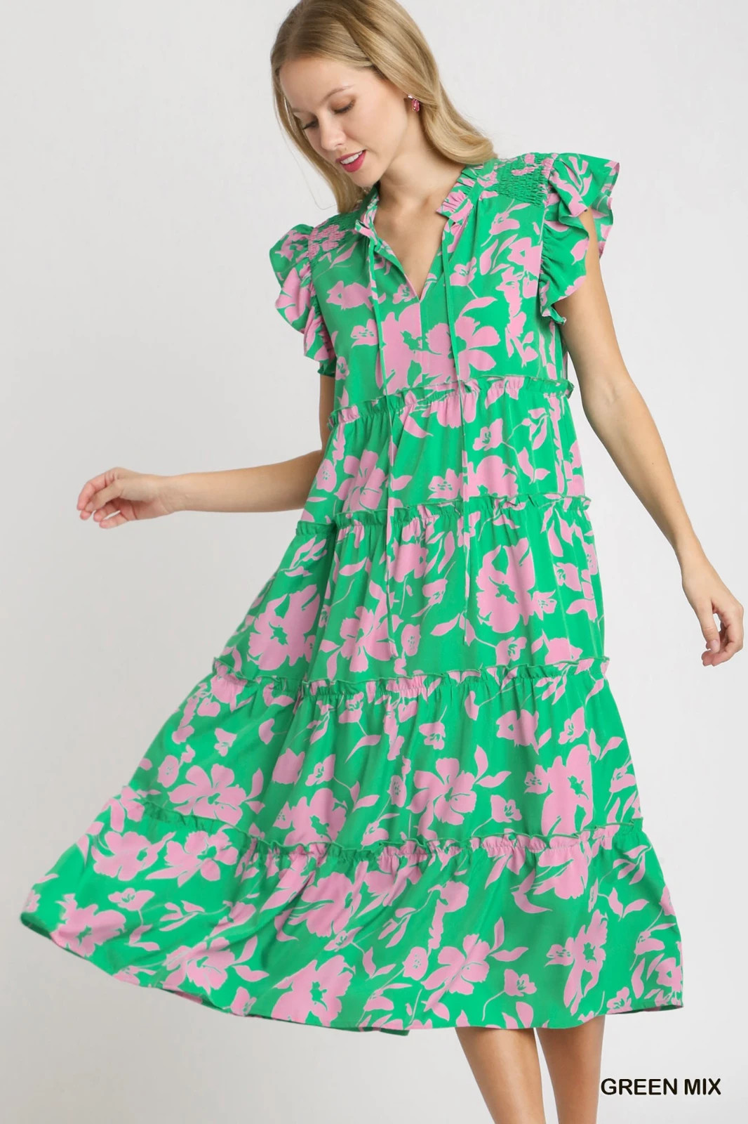 Umgee Green/Pink Floral Print Midi Dress Split Ruffle Neckline & Flutter Sleeves