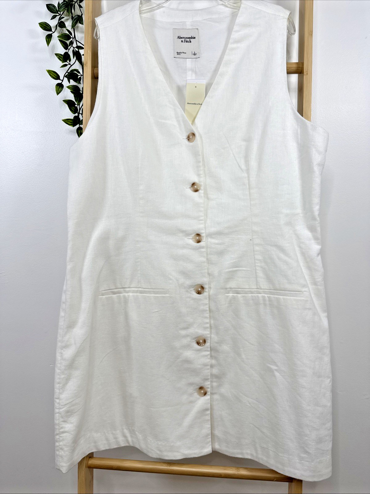 A&F Mara Vest Tailored White Dress Linen Blend Button-Down Dress Pockets Size L