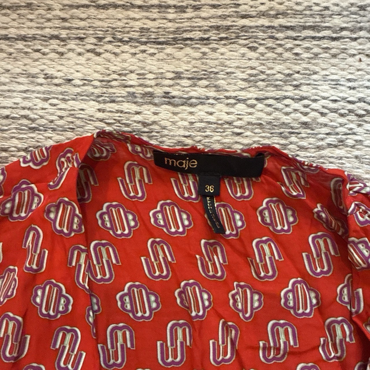 Maje Long Sleeve Monogram Print Crepe Midi Dress Red Size Medium Timeless Chic