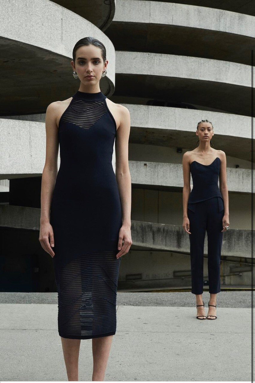 CUSHNIE ET OCHS Dark Navy Halter Mock Neck Stretch Knit Sheer Midi Dress S = 4/6