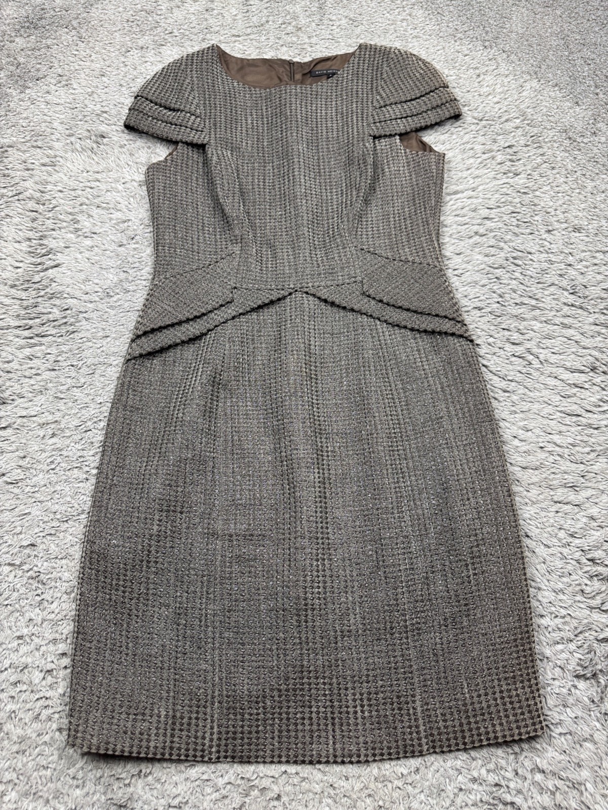 David Meister Dress Women 8 Gray Metallic Tiered Layered Pleated Midi Sheath