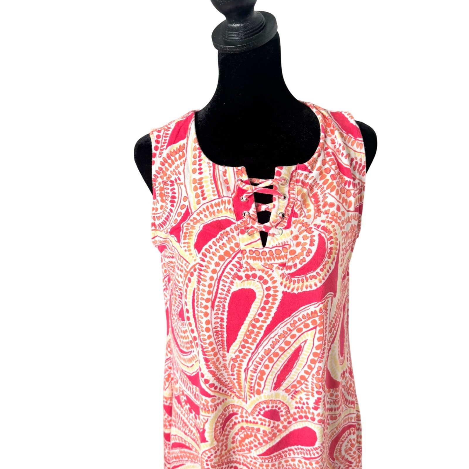 Chicos Pink White Paisley Lace Up Shift Dress Womens M Mosaic Shelley Sleeveless