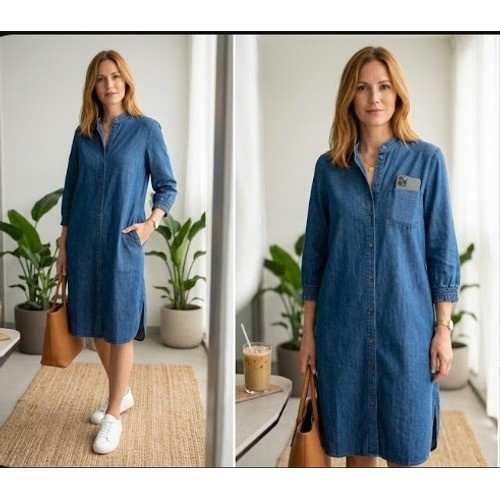 Jean Dress Maerz 100% Cotton Chambray Shirt Dress Blue Band Collar Button Down