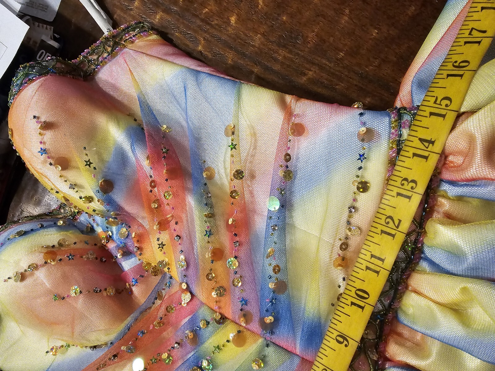 Xcite Pink Yellow Blue Beaded Sequin Pleated Multicolor Rainbow Ballgown 8
