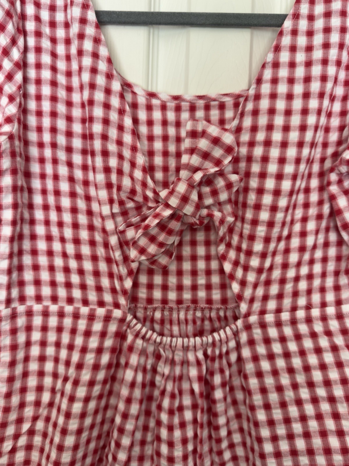 LOFT Red/White Gingham Square Neck Puff Sleeve Bow Back Mini Dress 4 Cotton