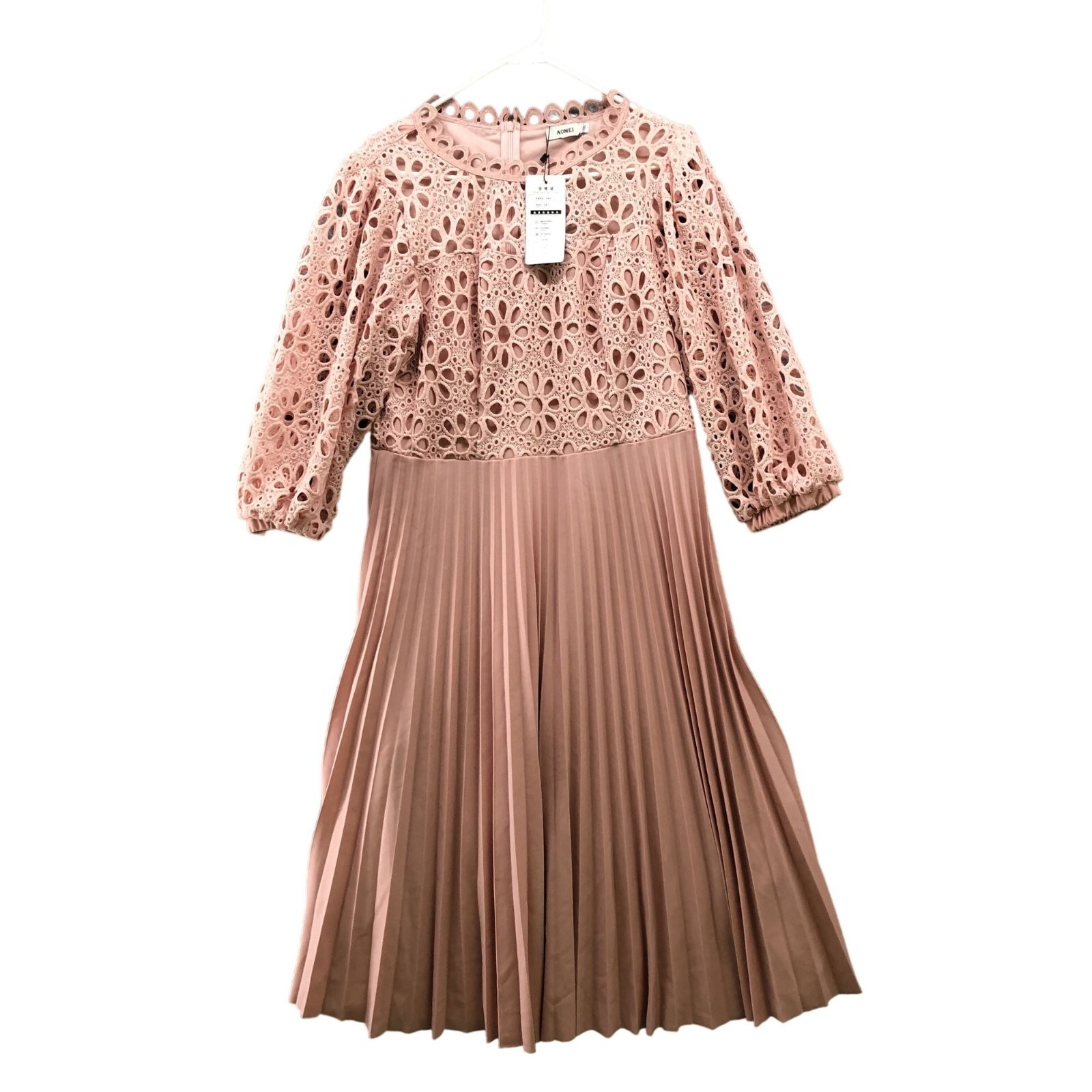 NWT AOMEI Dress Womens 1X Pink Crochet Balloon Sleeve Pleated Midi Cocktail
