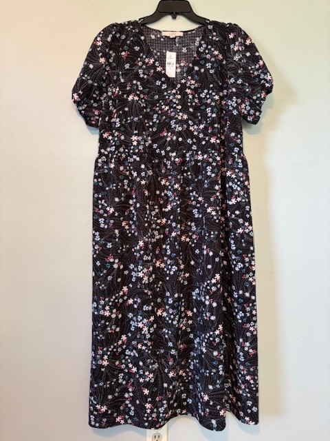 NWT LOFT Pearl Print Black Floral Puff Sleeve Midi Dress Size XL