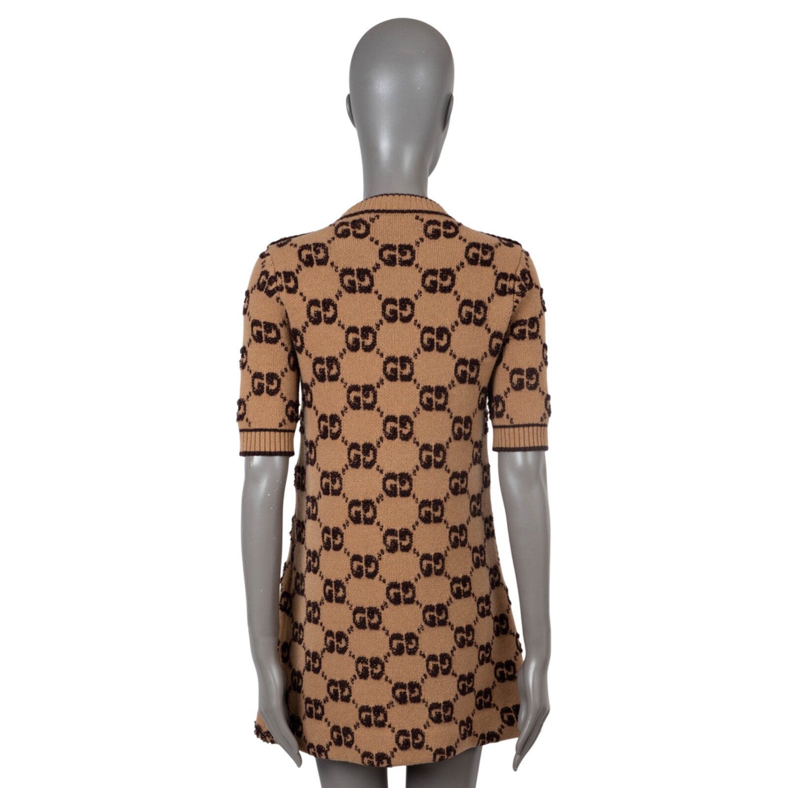 70502 auth GUCCI camel & brown wool 2024 MONOGRAM BOUCLE JACQUARD Dress M