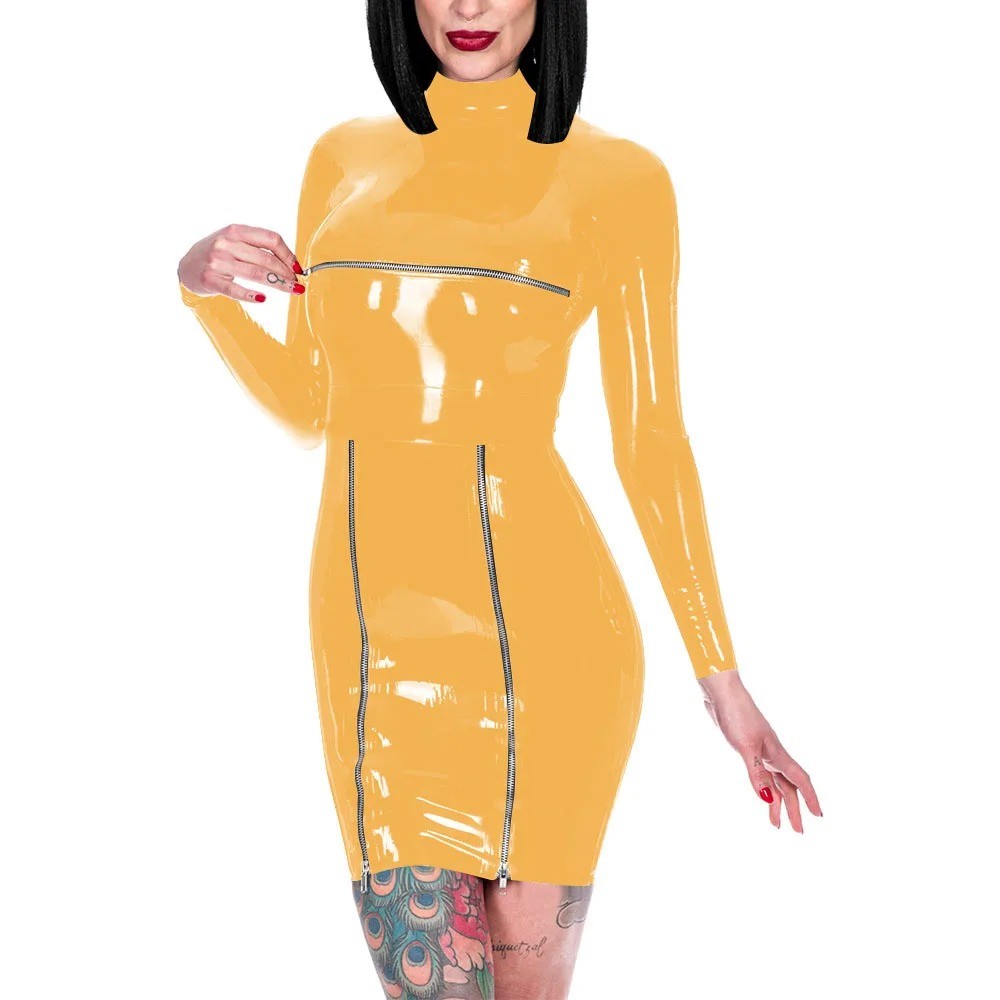 Back Zipper Wrap Hip Dress Shiny PVC High Neck Dress Front Zips Mistress Costume