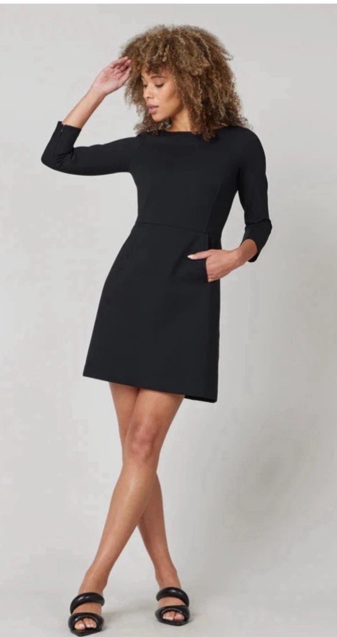 Spanx NWT Perfect A-line Black Dress 3/4 Sleeves Pockets Slimming Stretch Small