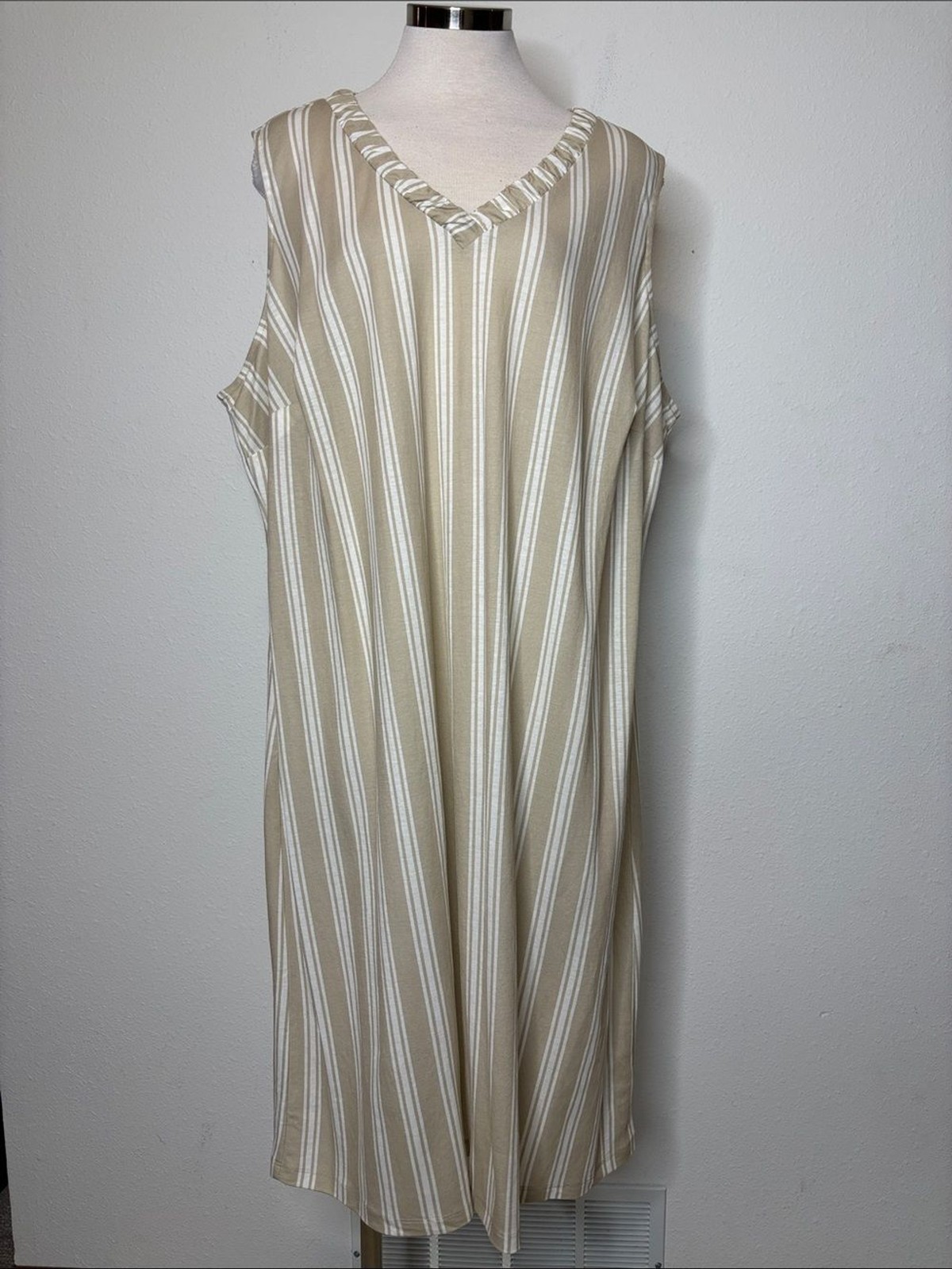 Belle by Kim Gravel Beach Beige and White Striped V-Neck Midi Dress