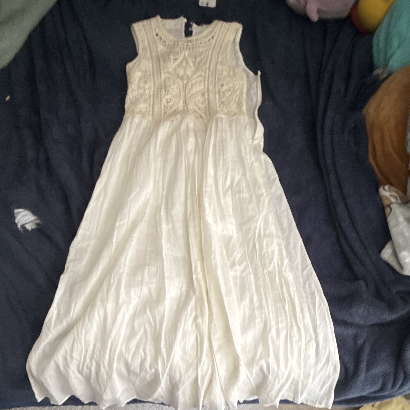 ZARA White Lace Crochet A-Line Long Dress Sleeveless Round Neck Size S