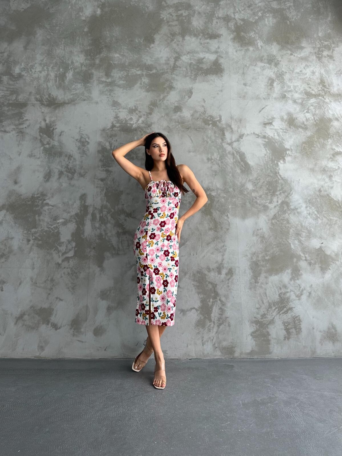 Mixed Patterned Pink Wafer Chest Tie Strap Dress