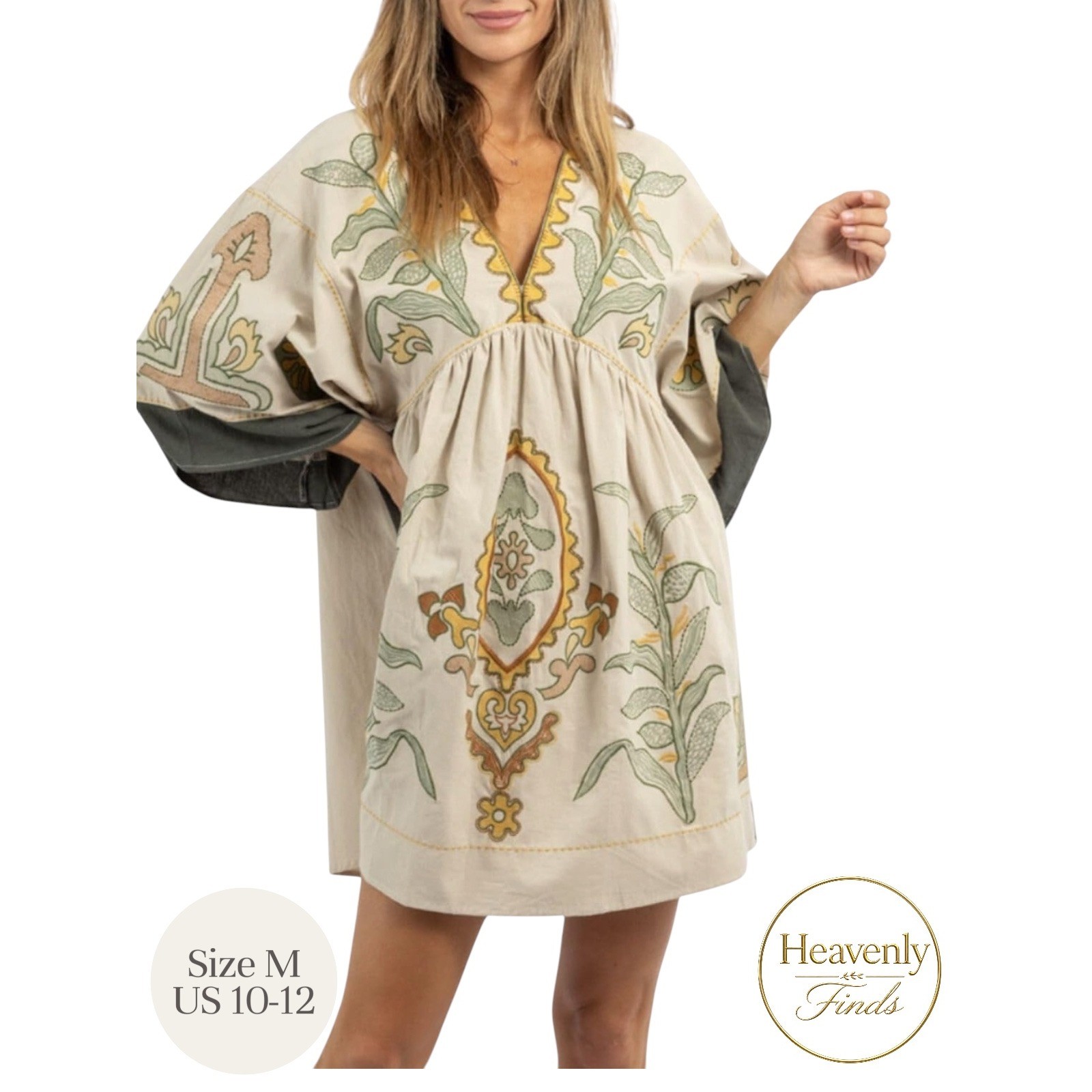 Joiemont Embroidered Kimono Sleeve Baby doll Dress M Olive Beach Boho VNeck NWT