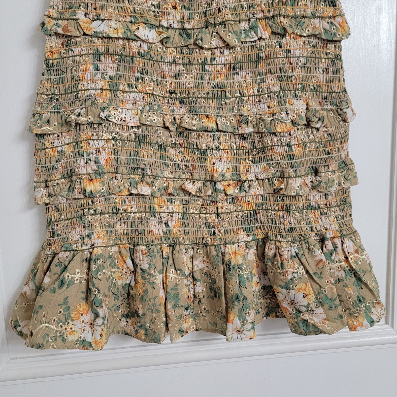 Storia Floral Daisy Smocked Ruffle Dress Tie Straps Tube Dress Eyelet Bodycon M