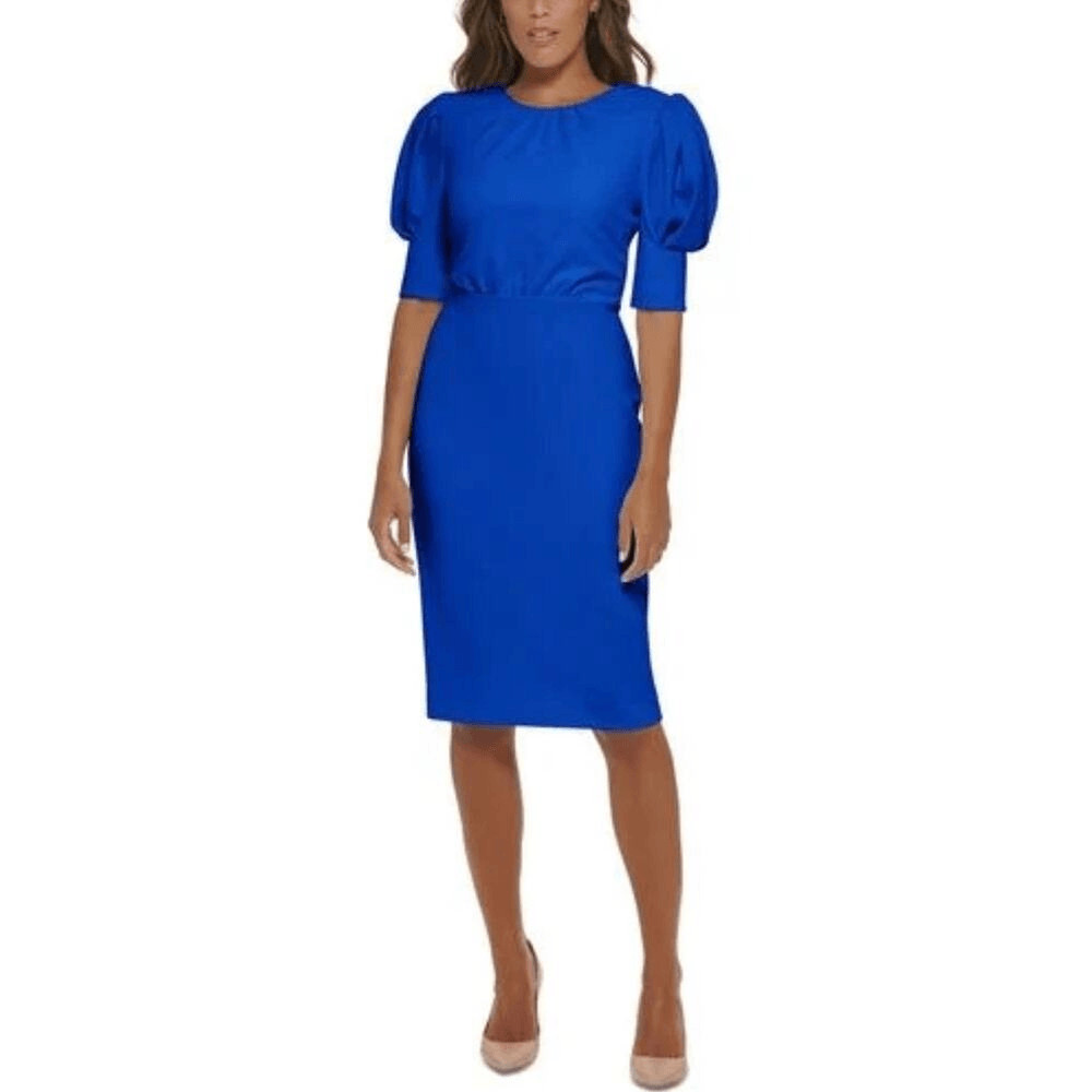 Calvin Klein Sheath Dress Women’s 12 Blue Puff-Sleeve Jewel Neck Knee Length