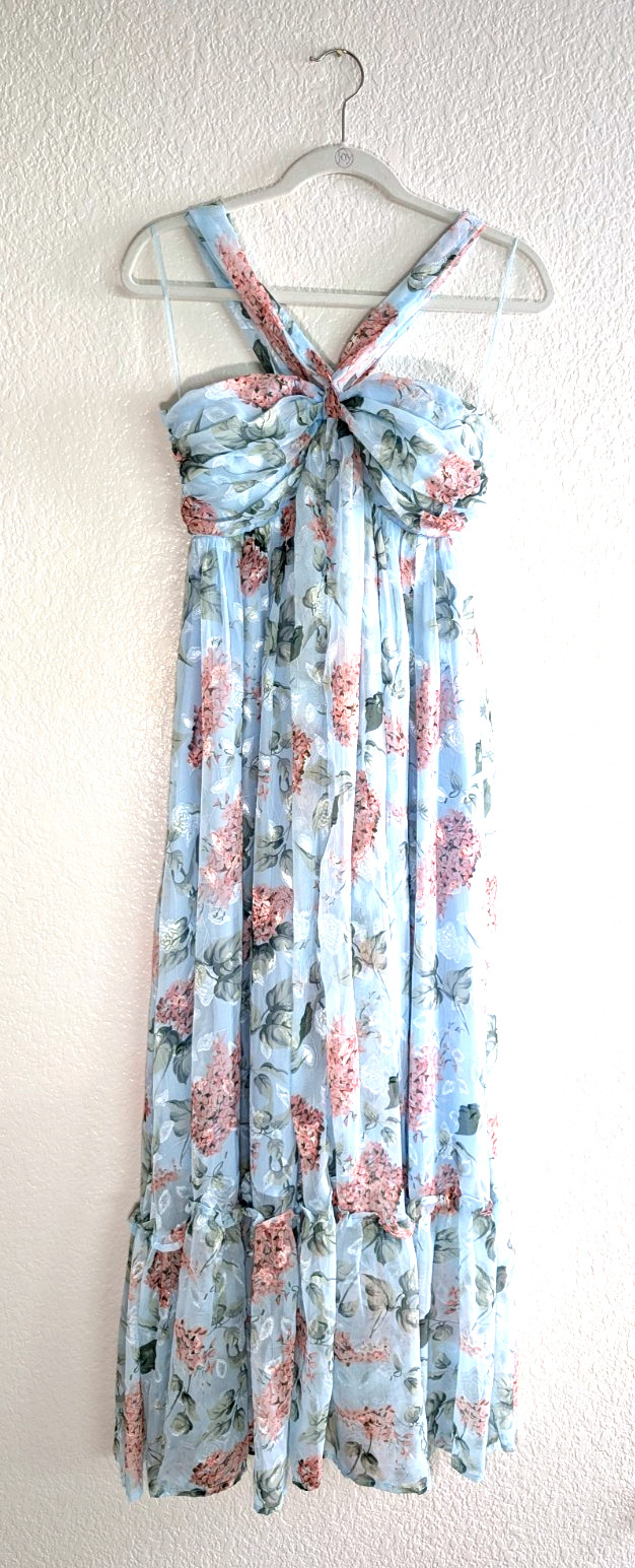 Maternity Gown Women Small Light Blue Floral Lined Maxi Dress
