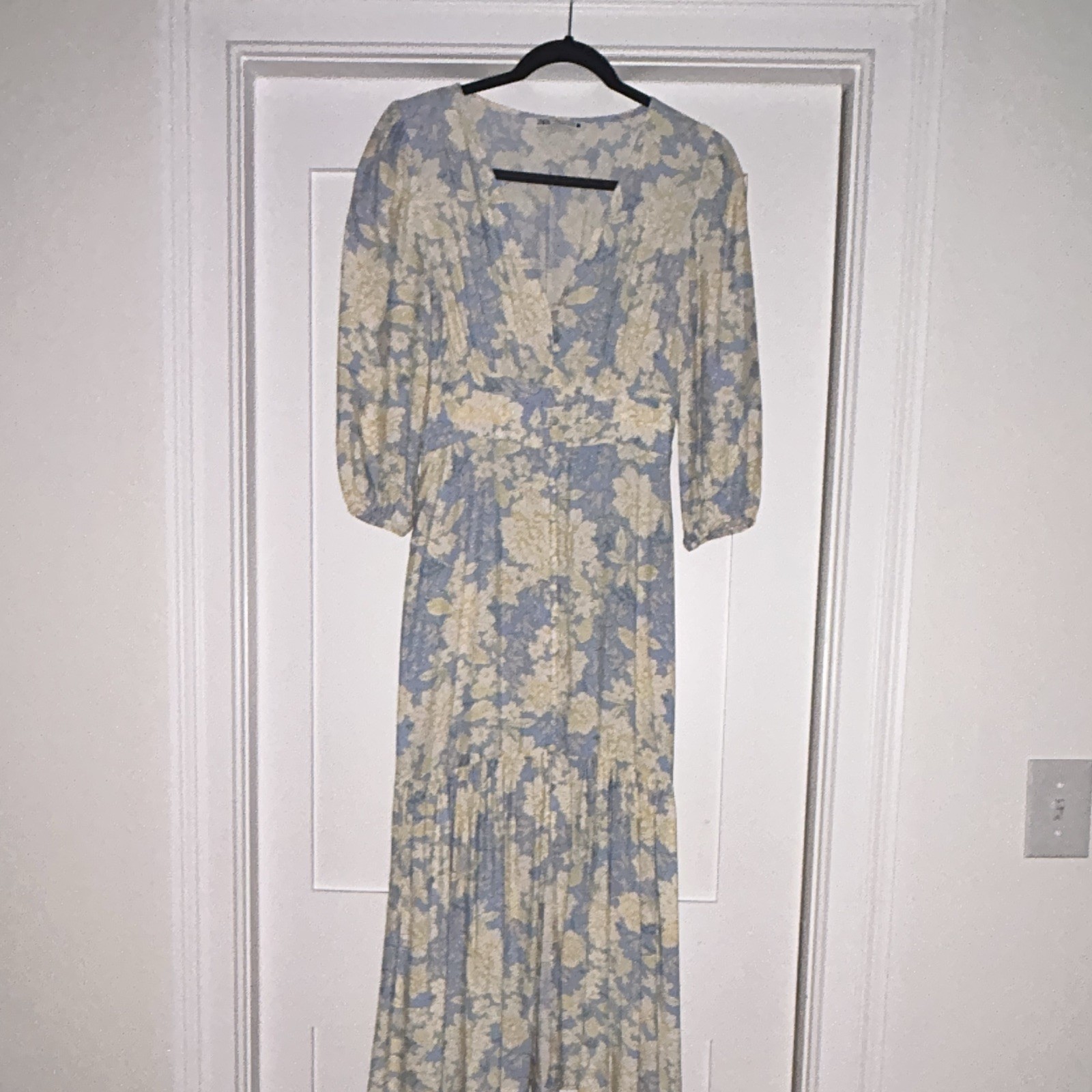 ZARA Blue White Yellow Floral Maxi Dress V-Neck 3/4 Sleeve Womens M Regular