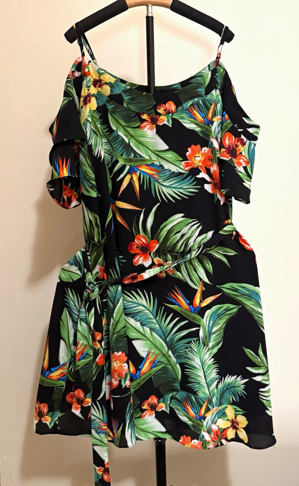 New York & Company A-Line Dress M Black Tropical Floral Off Shoulder