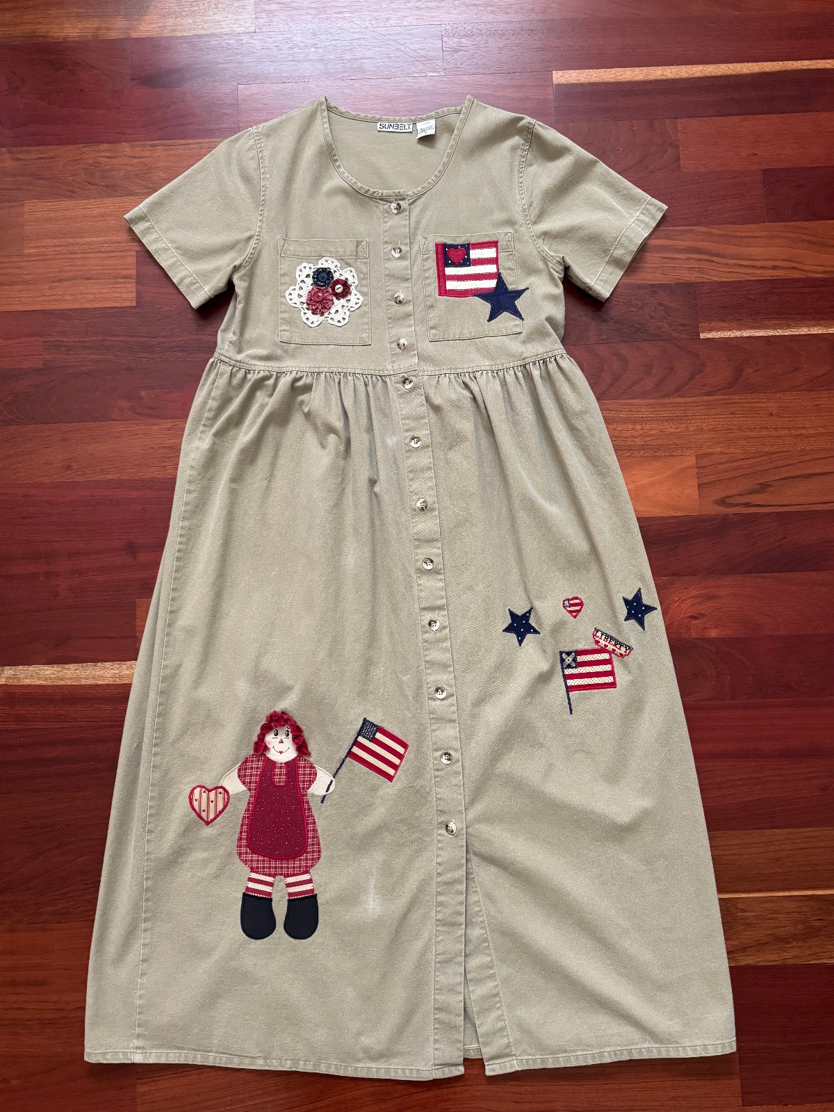 Vintage SUNBELT American Flag Patriotic Denim Dress Women’s Size S Sage Cotton