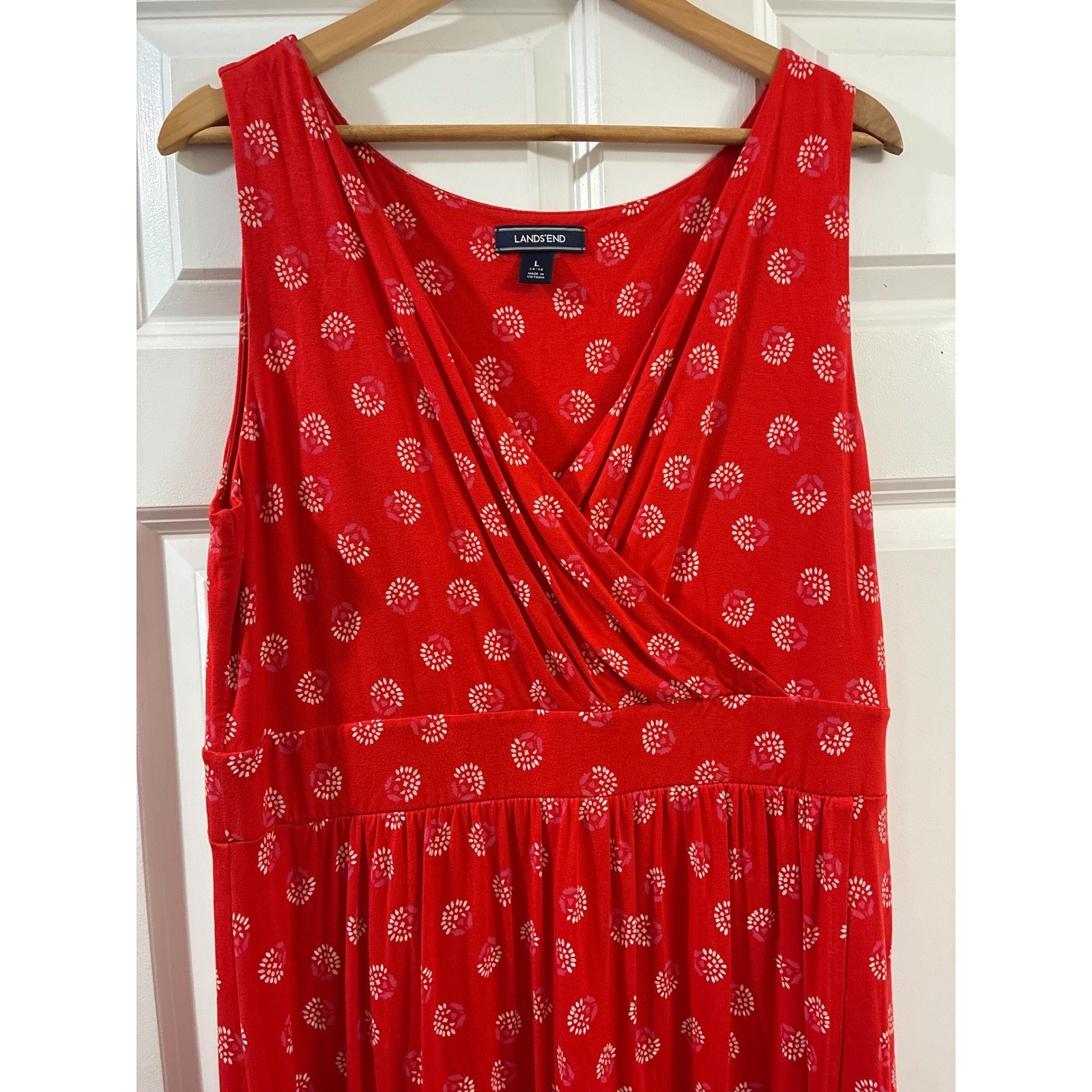 Lands End Womens Red Floral Surplice V-Neck Sleeveless Maxi Dress Large 14-16