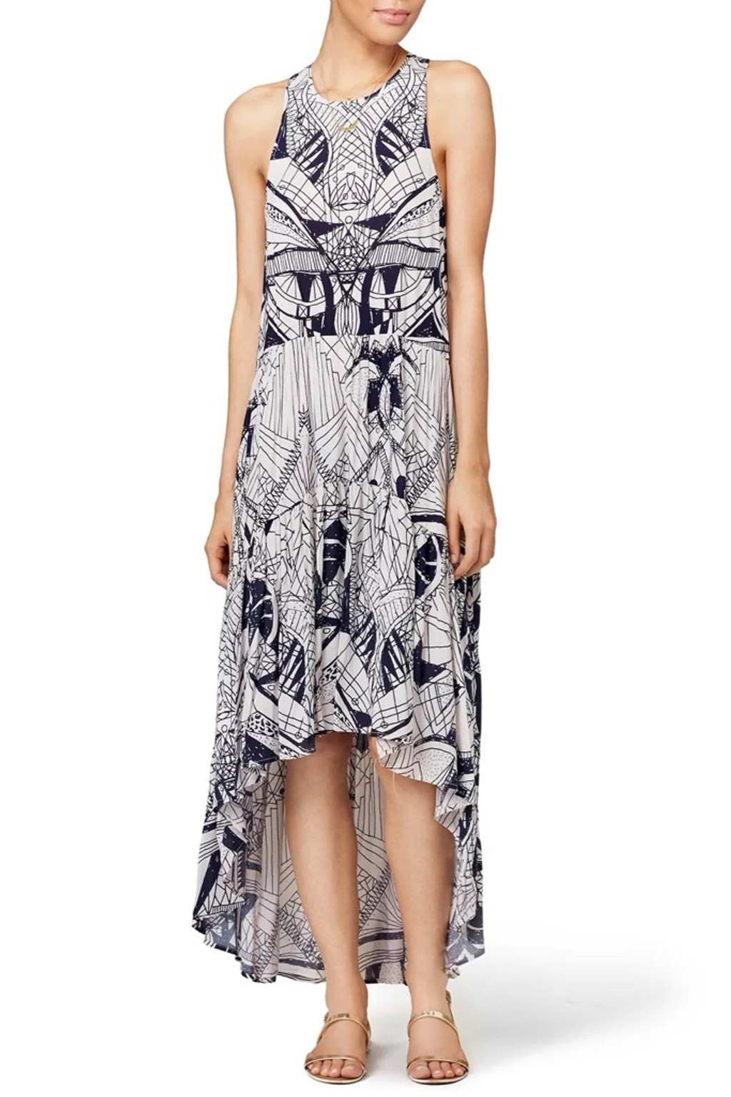 Women’s Free People La Mar High Low Dress XS White Black Geometric Print