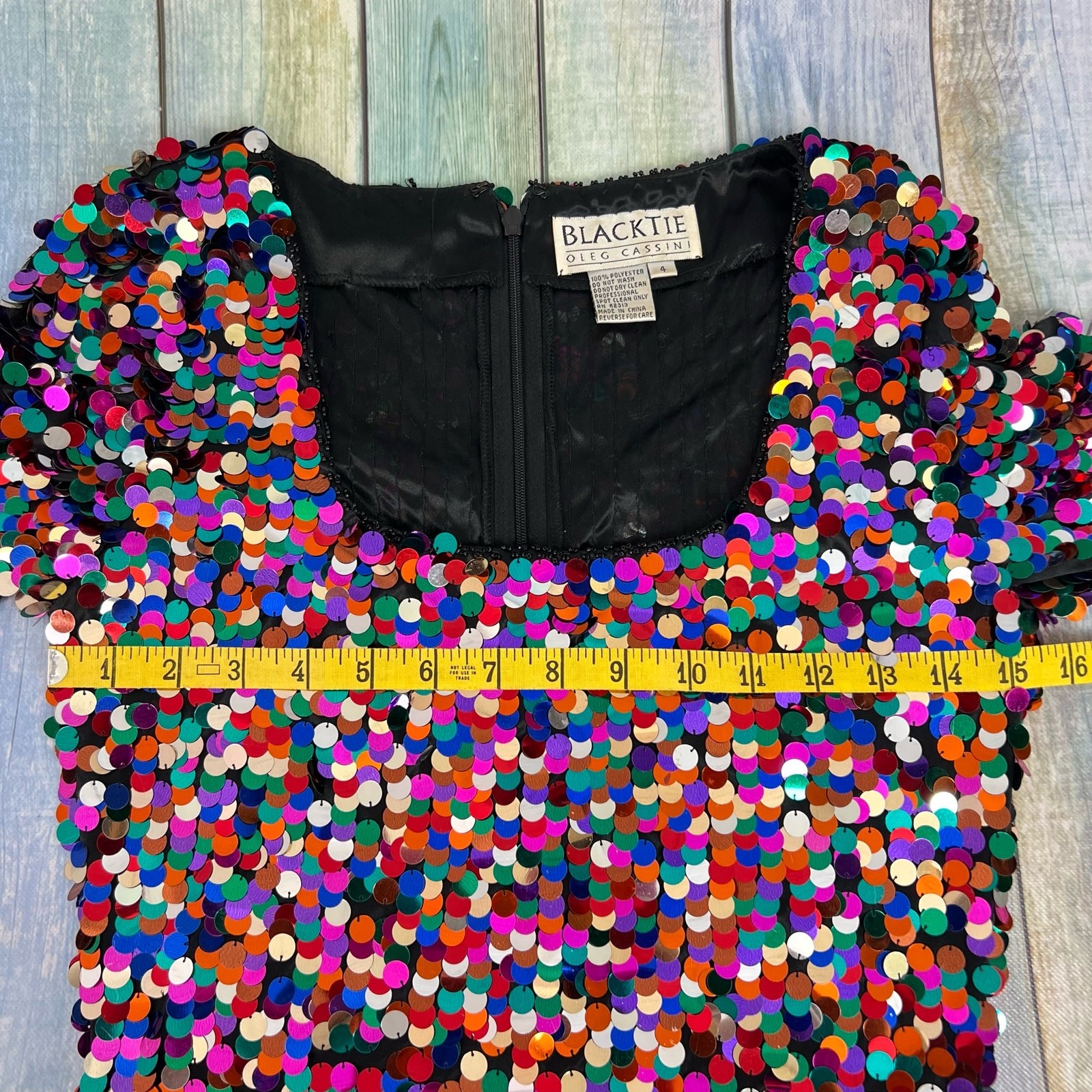 Oleg Cassini Black Tie Vintage Sequin Dress Size 4 Rainbow Long Sleeve Party